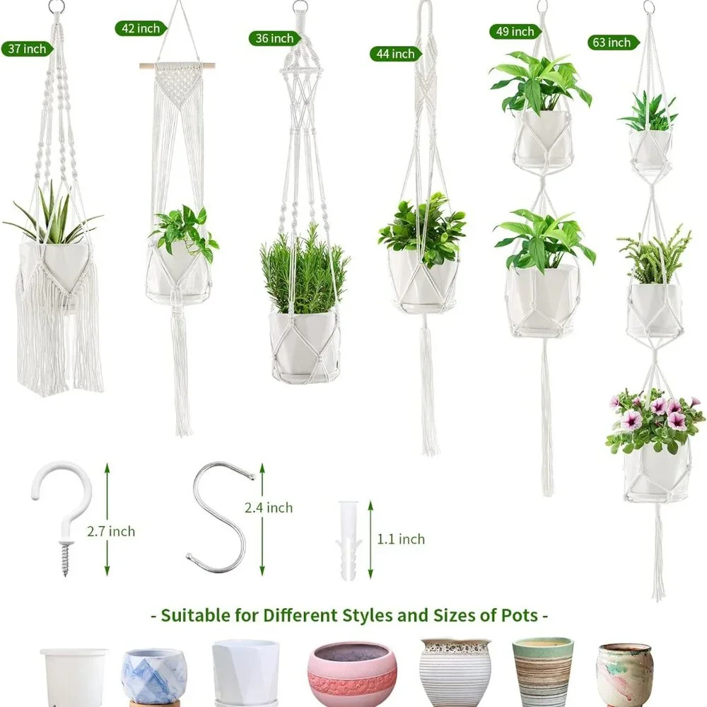 Macrame Plant Hangers, 6Pack Hanging Planters for Indoor Plants w/ 6 Set Hangers